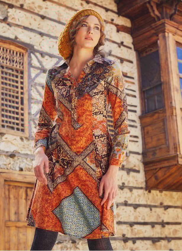 Brown Printed Long Sleeve Shirt Dress